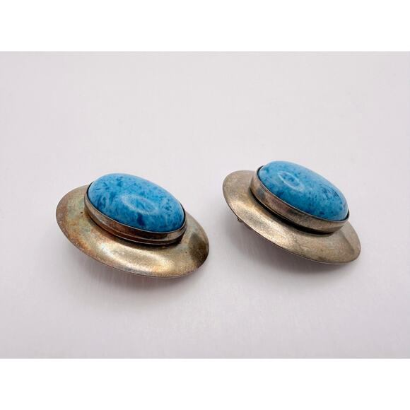 Vintage 50s Modernist Sterling Silver Studio Earrings Blue Stone - Picture 3 of 9